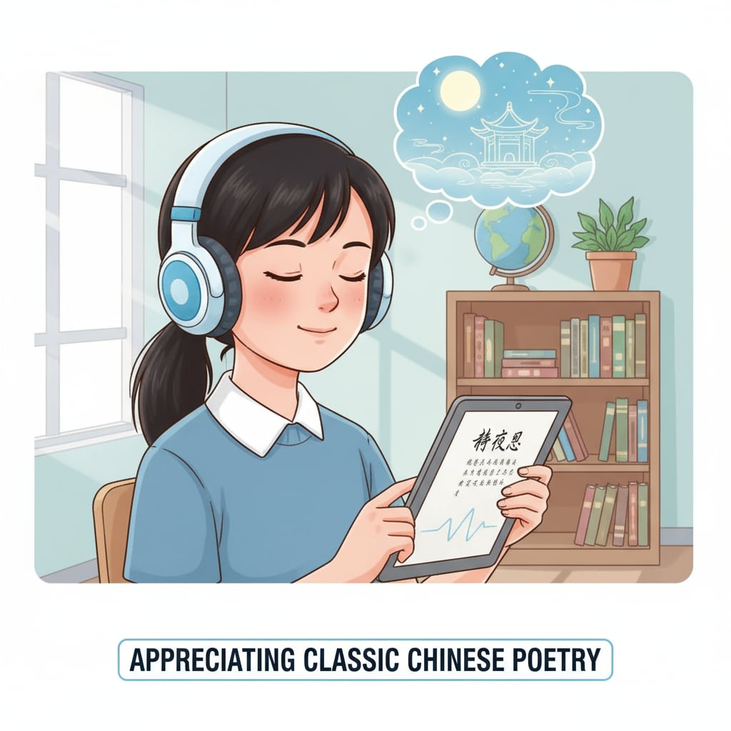 A student is wearing headphones, deeply immersed in listening to an audiobook of a classic Chinese poem, experiencing the beauty of the language. A student enhancing language appreciation through listening to an audiobook in Chinese language learning