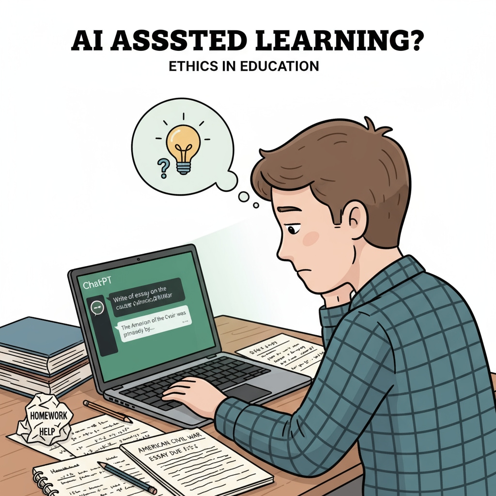 A student is looking at a laptop screen showing the ChatGPT interface while there are homework papers beside, depicting the scenario of potential AI-assisted cheating. A student potentially using ChatGPT for homework, highlighting the issue of AI-assisted cheating in the context of homework and children's education.