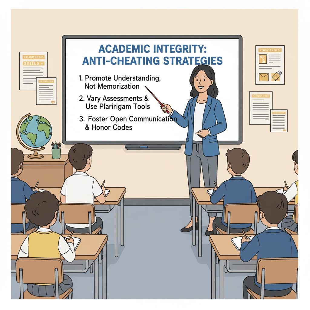 A teacher is standing in front of a classroom, pointing at a board with anti-cheating strategies written on it, representing educators' efforts to prevent cheating. A teacher presenting anti-cheating strategies in a classroom, emphasizing the importance of cheating prevention in education related to AI and homework.