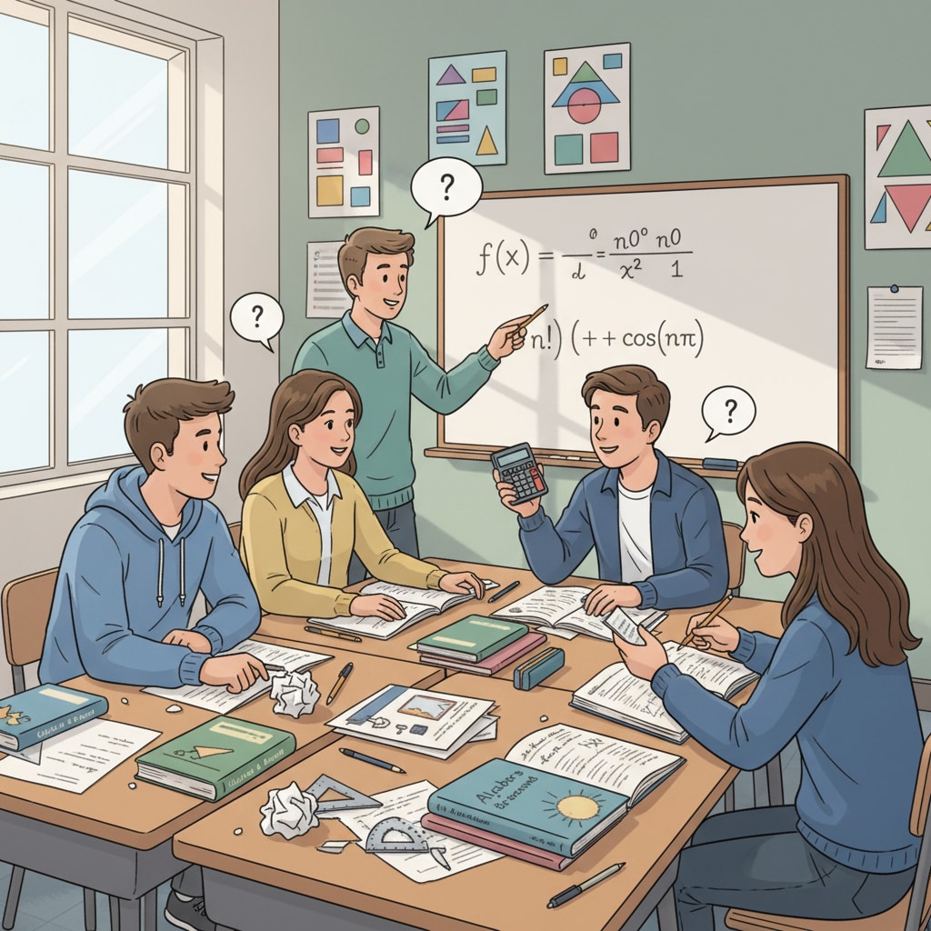 A group of high school students are engaged in a lively discussion about math problems in a classroom setting, with textbooks and notebooks on their desks. High school students discussing math, related to calculus, high school education, and parental expectations