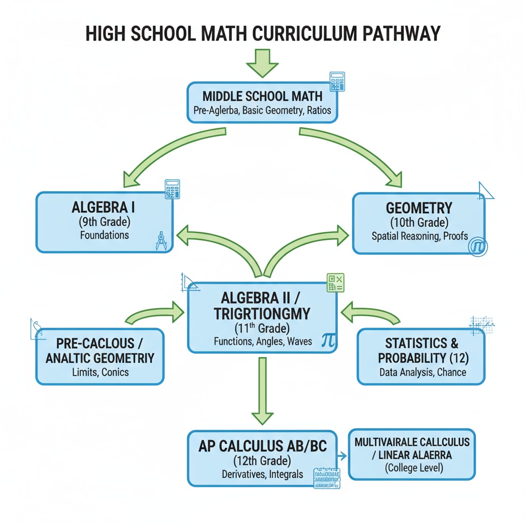 A chart showing the sequential steps of the high school math curriculum, starting from basic arithmetic and leading up to advanced topics. Visual representation of high school math curriculum progression, relevant to calculus, high school education, and parental expectations