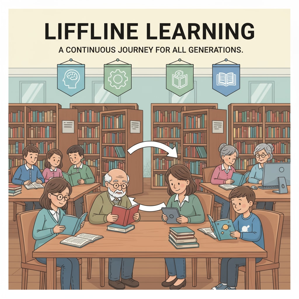 A group of people of different ages reading books in a library, representing the concept of lifelong learning. People of various generations are sitting at tables, engrossed in reading different types of books, showing that learning is a continuous process for all ages. A diverse group engaged in lifelong learning in a library setting.