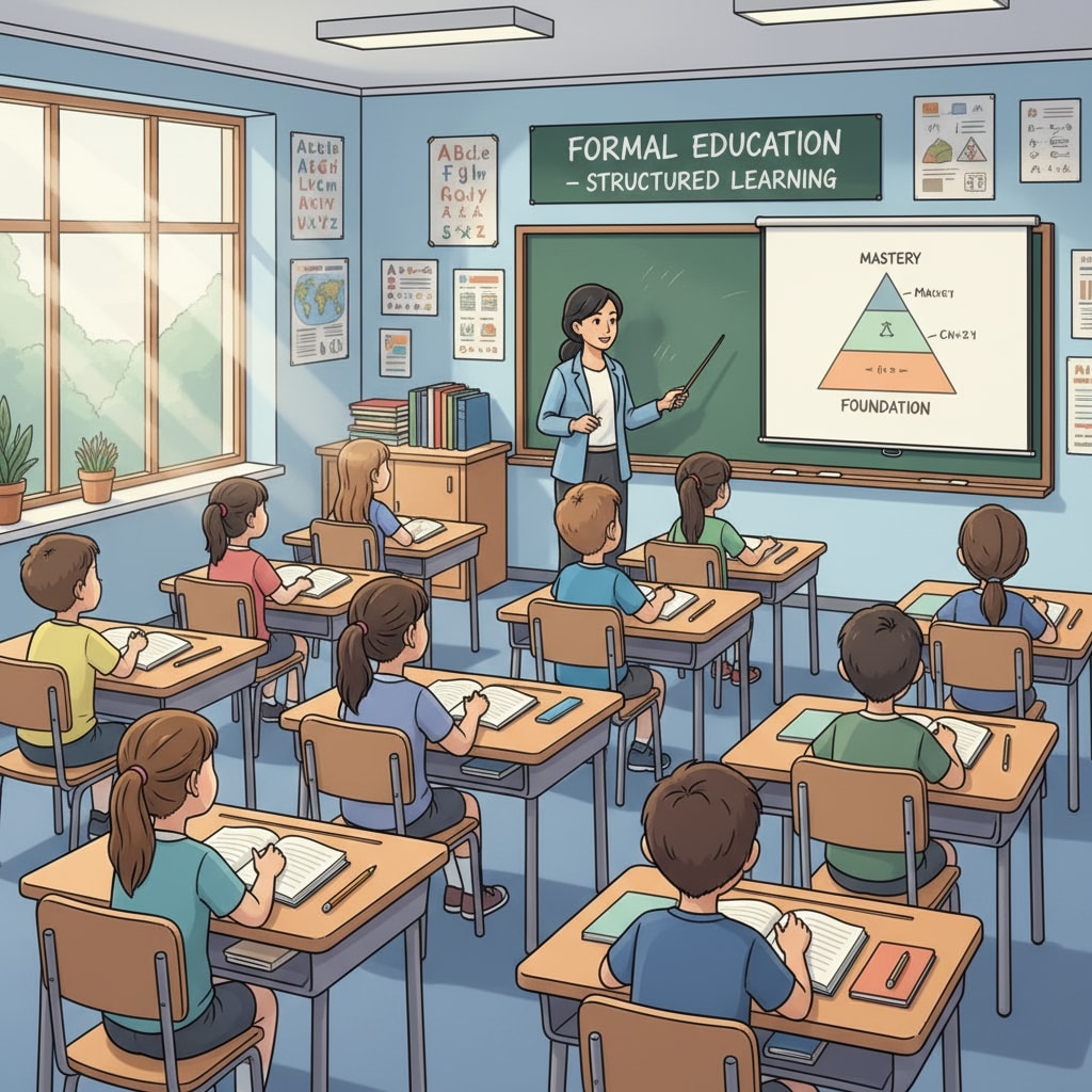A classroom setting with students sitting at desks, listening to a teacher, highlighting the structured nature of formal education. Students are neatly arranged in rows, looking at the teacher at the front of the class, demonstrating the traditional setup of formal education. A traditional classroom setup representing formal education.
