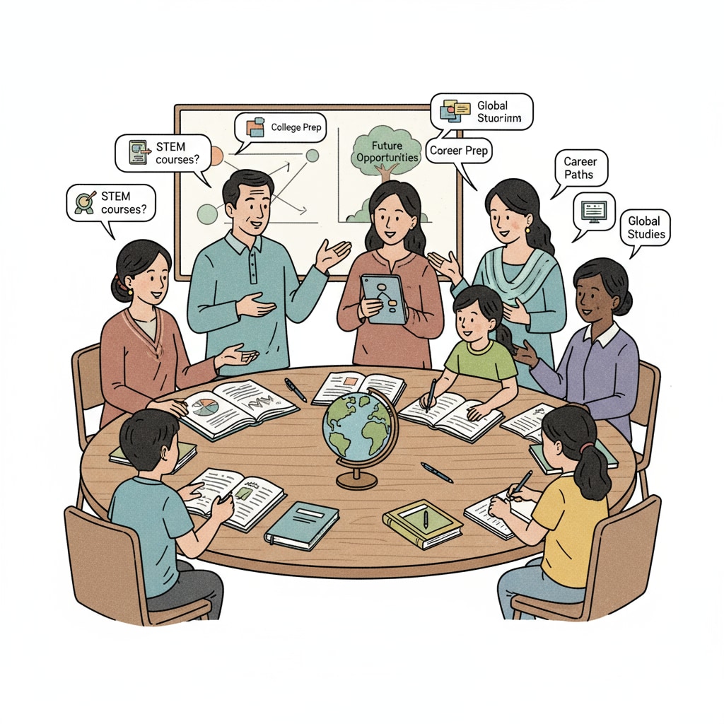 A group of non-white parents and children are sitting around a table, having a lively discussion about various educational topics, such as which courses would be beneficial for the children's future. Non-white parents and children discussing educational investment