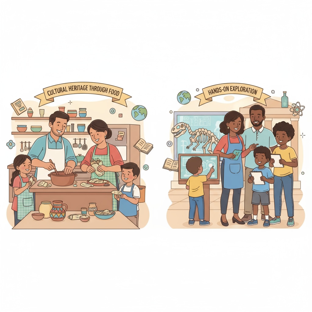 Non-white parents and children from different cultural backgrounds are engaged in various educational activities, like a Hispanic family cooking traditional food to teach about cultural heritage and an African-American family visiting a museum for hands-on learning. Non-white parents and children from diverse cultural backgrounds engaged in educational investment