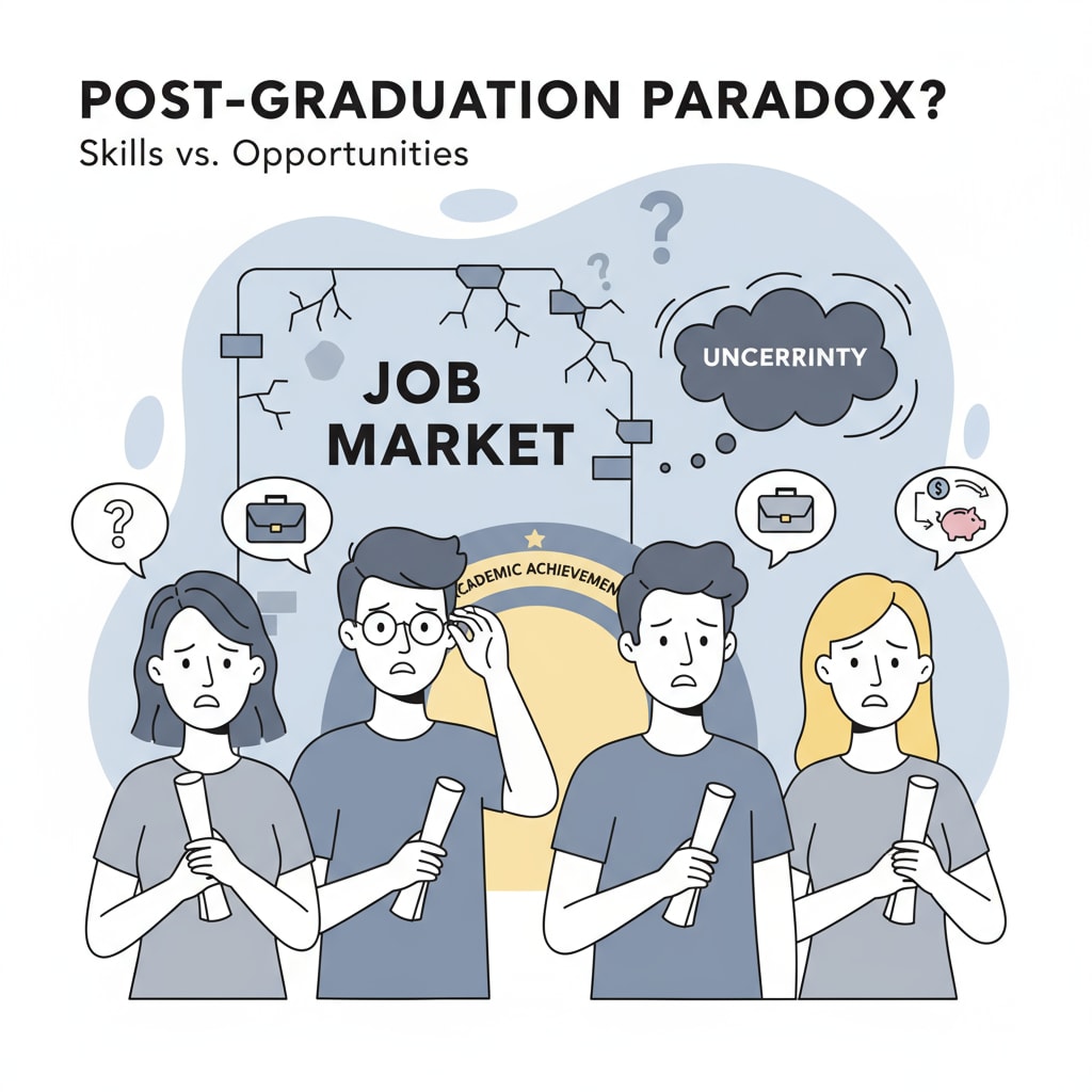 A group of fresh graduates looking worried while holding their degree certificates, indicating their concerns about finding jobs after graduation despite their academic achievements. Fresh graduates worried about employment after graduation with their university grades in mind