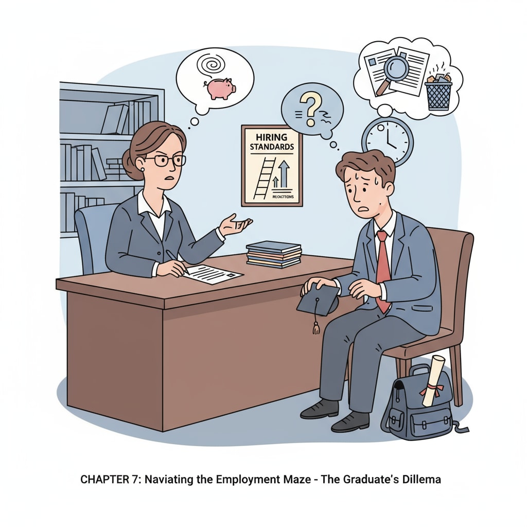 A job interview scene with an employer and a nervous candidate, highlighting the challenges graduates face in the employment process. A job interview situation related to university graduates seeking employment