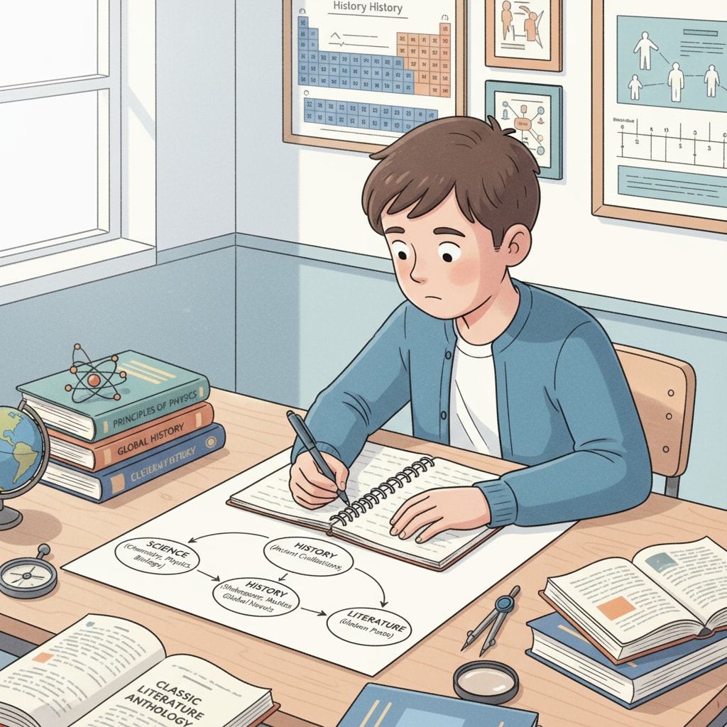 A student is sitting at a study desk. There are books about science, history, and literature scattered around. The student is writing down a study plan on a notepad, indicating the exploration of various subjects in their learning journey. A student planning to explore multidisciplinary knowledge in their personal learning curriculum