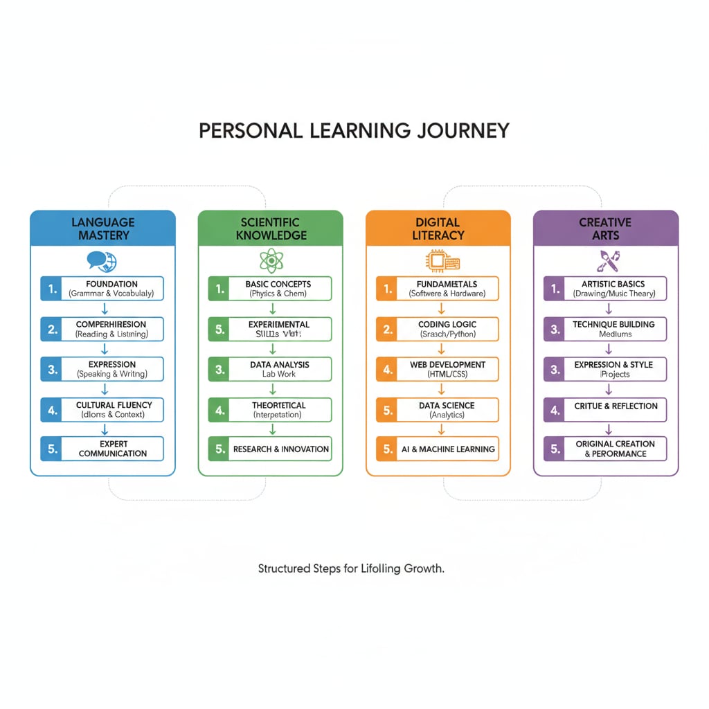 A visual chart with different sections representing various learning goals such as language proficiency, scientific knowledge acquisition, etc. Each goal has a series of steps leading to its achievement, highlighting the structured nature of a personal learning plan. A chart demonstrating the structured goals in a personal learning curriculum