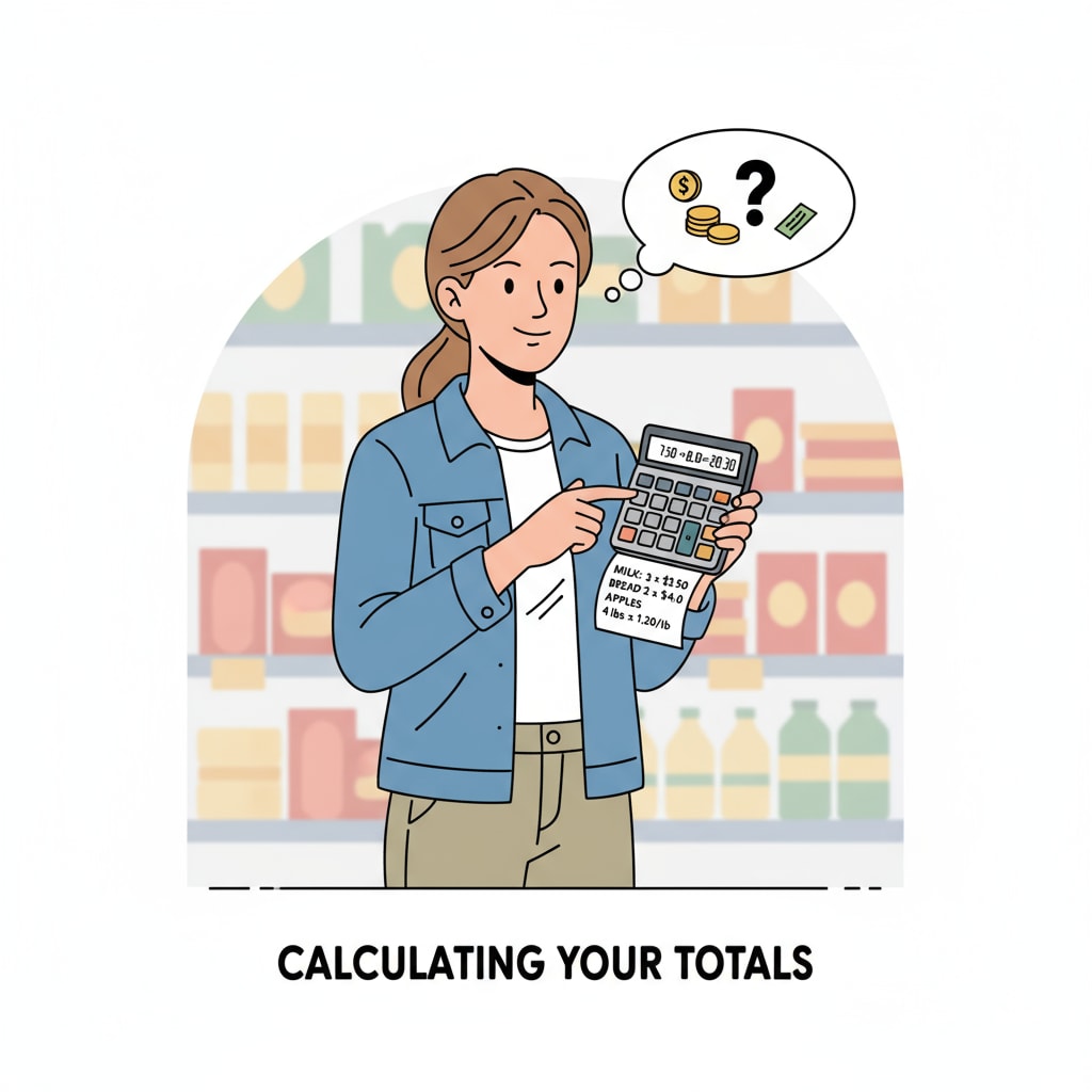 A person doing simple arithmetic while shopping Person applying basic math in a daily shopping scenario related to K12 math practicality