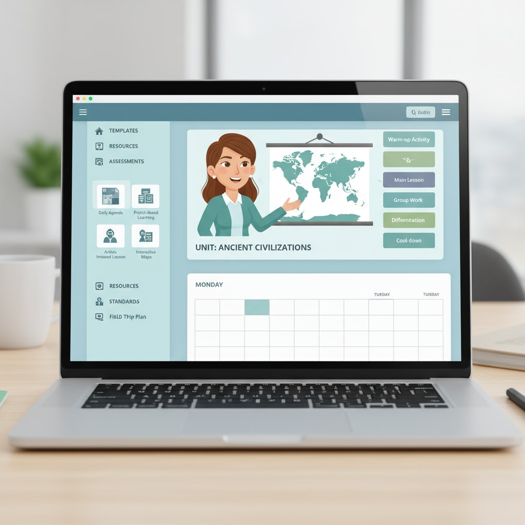 An image showing a teacher using a digital lesson planning tool on a laptop, with various lesson templates and resources displayed on the screen A teacher using educational technology for lesson planning