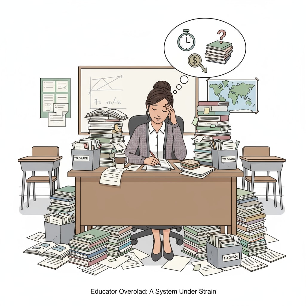 A teacher looking tired while sitting at a desk with stacks of papers, symbolizing the heavy workload and lack of support. An exhausted teacher dealing with the challenges of professional status and teaching support