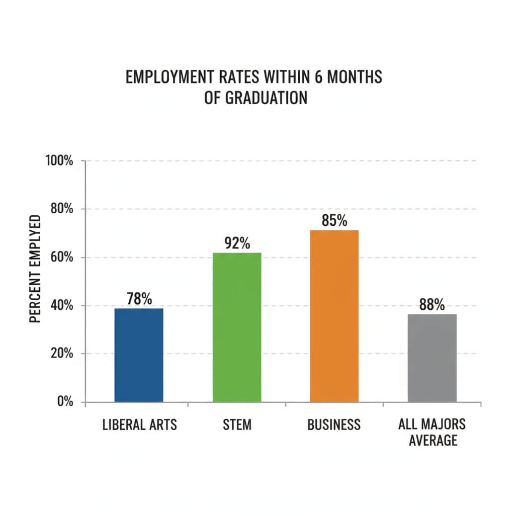 A bar graph comparing the employment rate of liberal arts graduates with that of graduates from other majors such as STEM and business. The graph shows the percentage of employed graduates within six months of graduation for each major. Graph showing the employment rate of liberal arts graduates compared to other majors in relation to liberal arts education, career development, and financial dilemmas