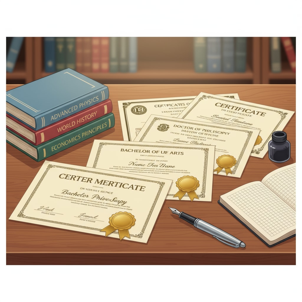 A collection of educational certificates neatly arranged on a wooden desk, with some books and a pen nearby, representing the pursuit of educational credentials. Educational certificates on a desk, highlighting career certificates and educational certifications in K12 education.
