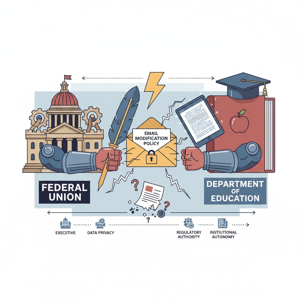 An artistic representation of the conflict between the federal union and the Department of Education regarding email modification, showing two entities in a state of tension. Federal union and Department of Education in conflict over email modification