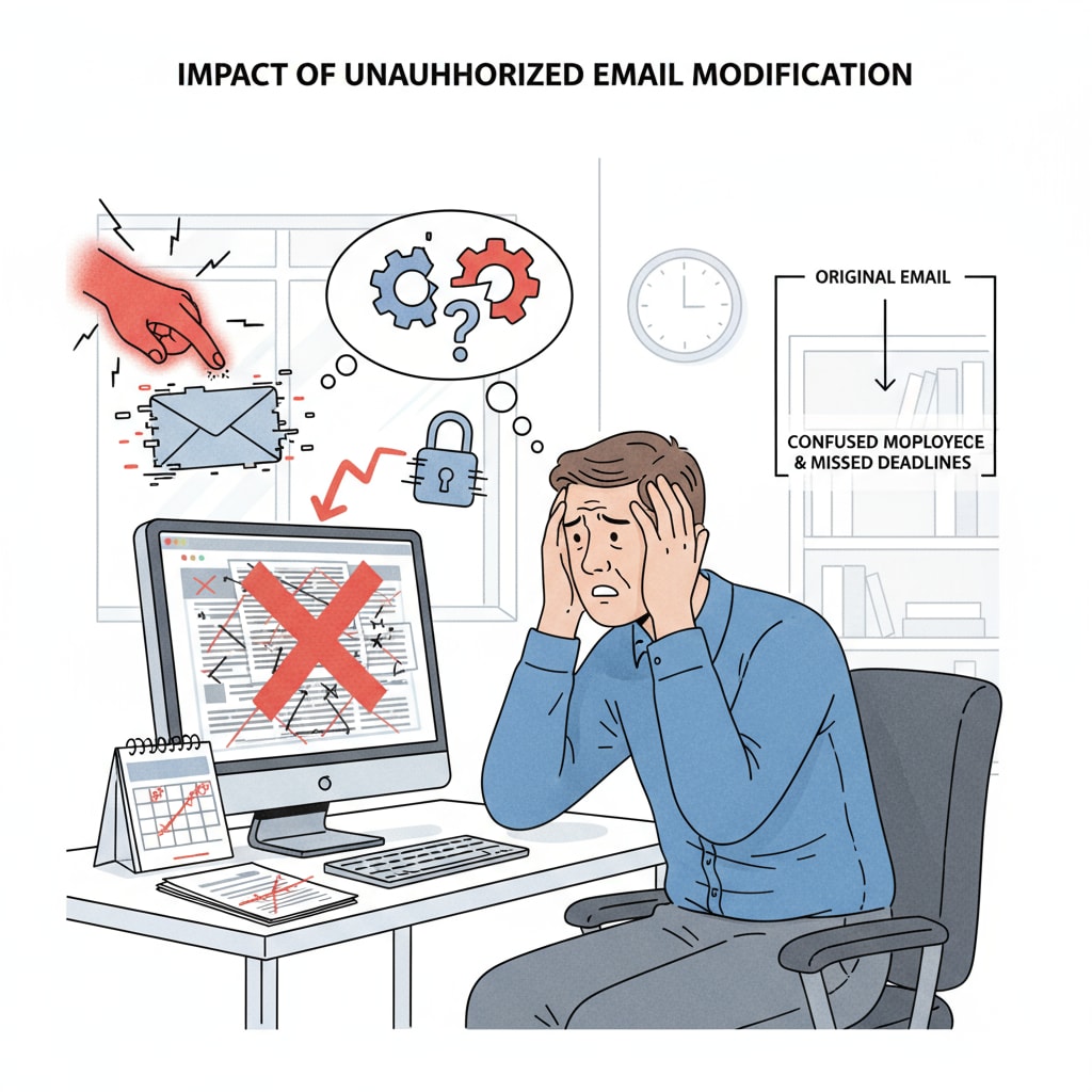 A visual showing how unauthorized email modification affects an employee's work, with a person looking frustrated at their computer screen. Impact of unauthorized email modification on employees' work