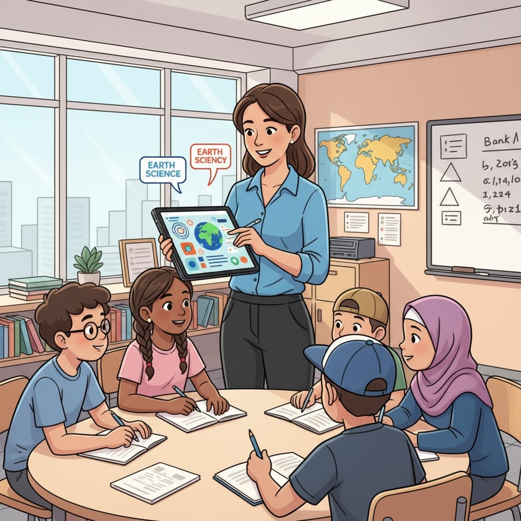 A classroom scene where a teacher is using a digital tablet to display educational content to students. The students are engaged and looking at the screen. A teacher using educational technology to enhance the learning experience in the classroom, related to teacher workload, educational technology, and teacher feedback