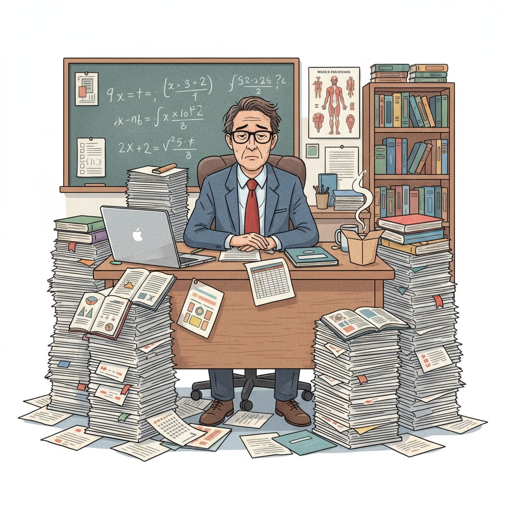 A teacher is sitting at a desk, surrounded by piles of papers, looking tired. There are textbooks and a laptop on the desk. A teacher burdened with a heavy workload of grading papers, highlighting the issue of teacher workload in relation to educational technology and teacher feedback