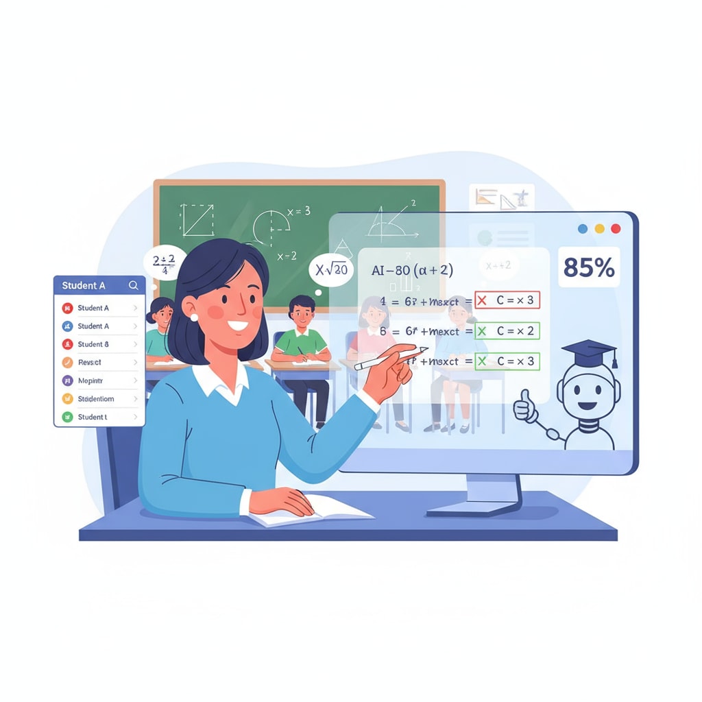 An illustration showing a teacher using an AI math scoring tool on a computer A teacher using an AI math scoring tool to potentially reduce working hours and workload