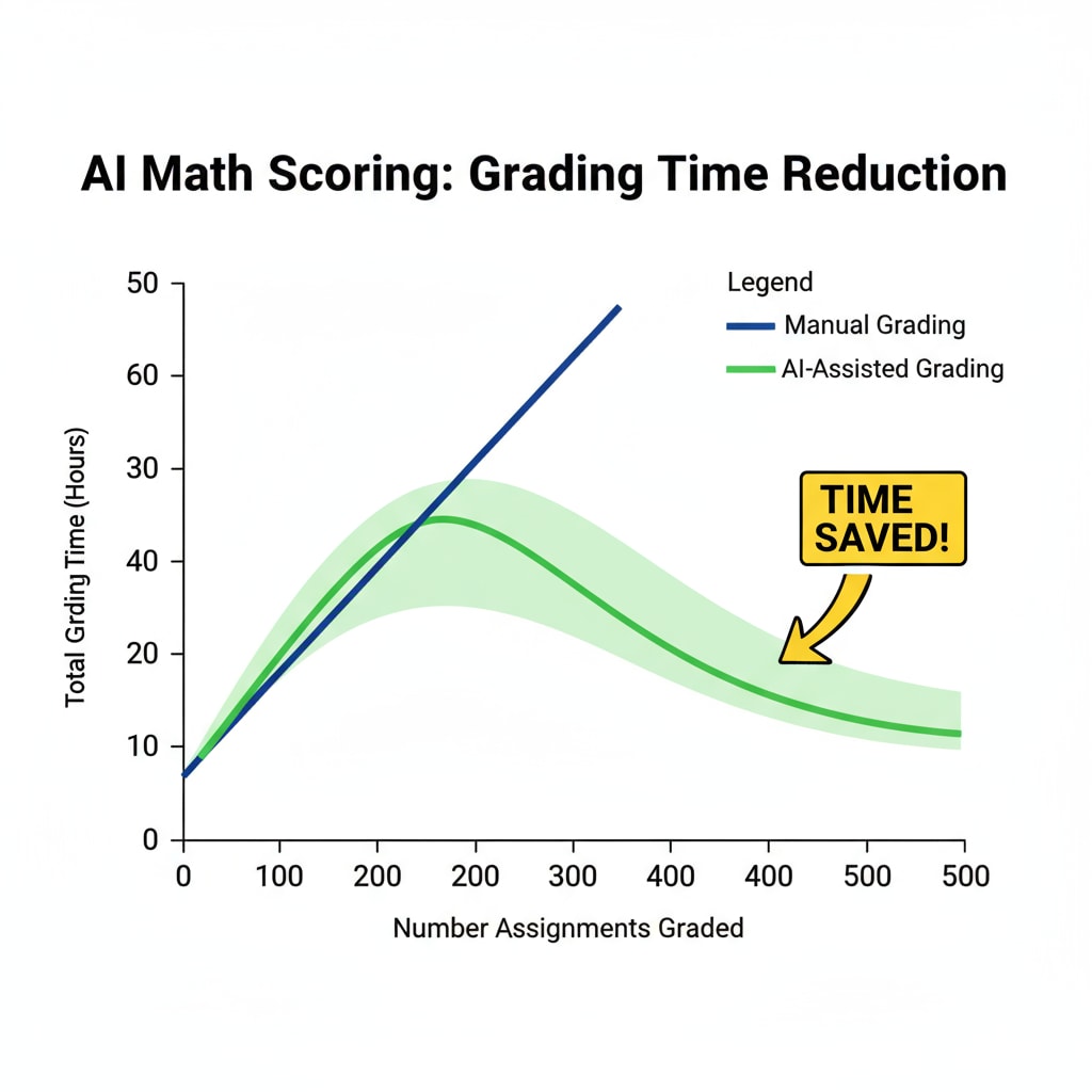 A graph depicting the reduction in grading time with the use of AI math scoring tools Graph showing how AI math scoring tools can impact teachers' working hours by reducing grading time