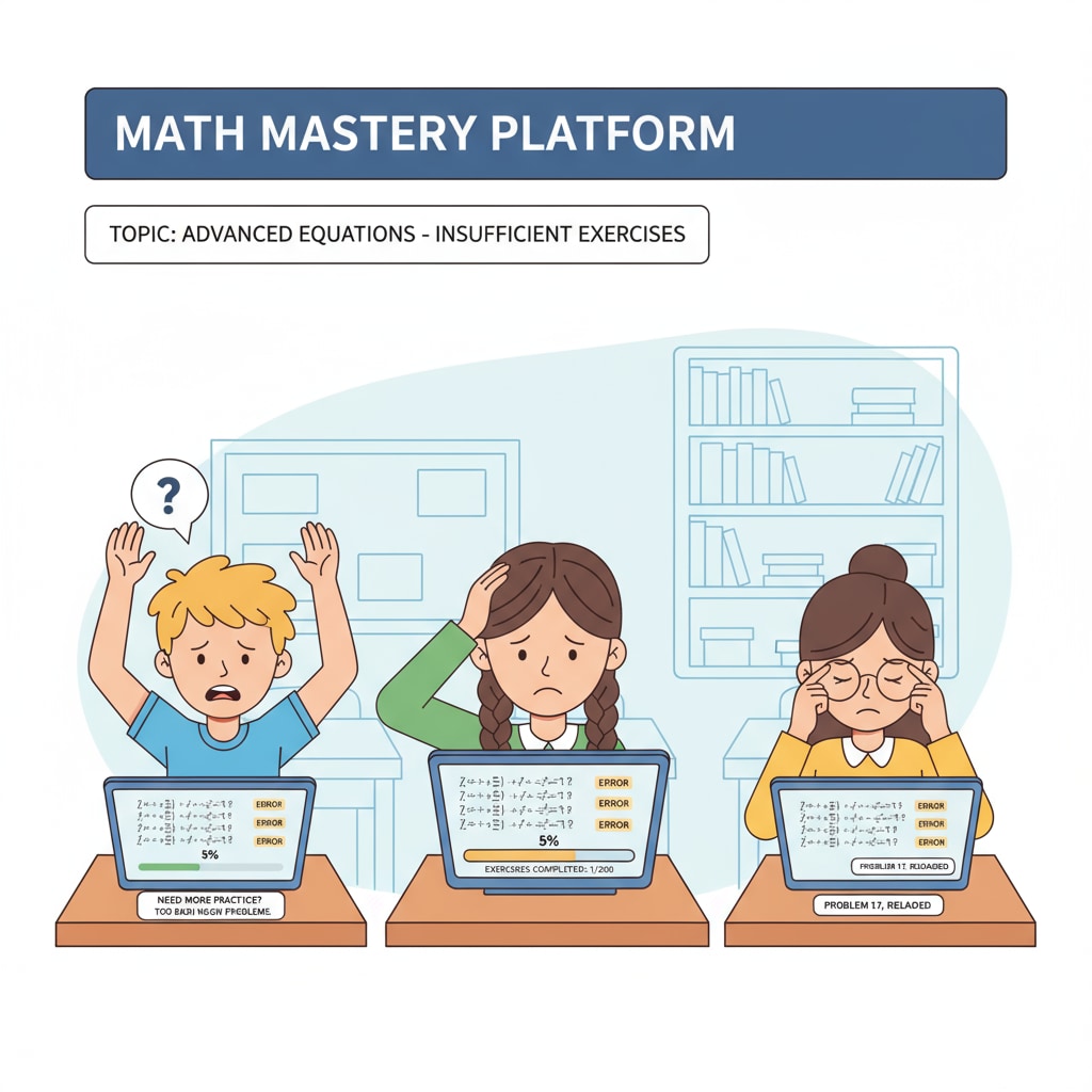 Students are looking frustrated while trying to solve math problems on a digital learning platform interface, highlighting the lack of proper exercises. Students facing difficulties with math exercises on a digital learning platform related to digital learning, lack of textbooks, math exercises, and parental tutoring