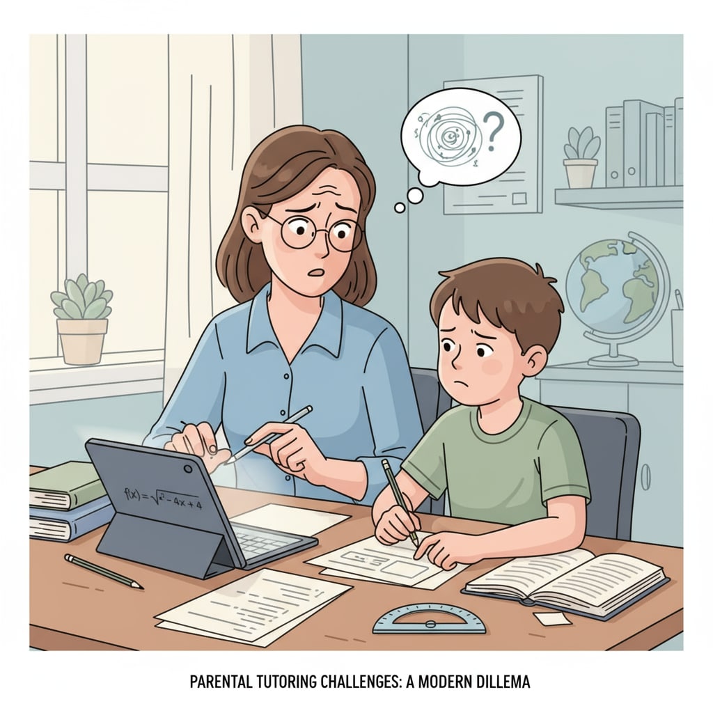 A parent is sitting with a child in front of a digital device, looking confused while trying to help with math, showing the challenge of parental tutoring. Parent struggling to assist child with math on a digital platform in the context of digital learning, lack of textbooks, math exercises, and parental tutoring