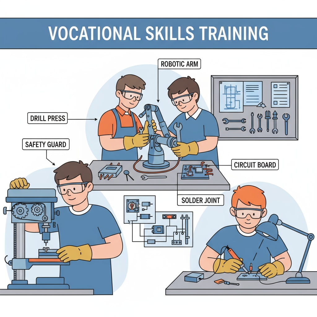 Students are actively engaged in a vocational workshop, learning practical skills such as operating machinery and assembling components. Students learning practical skills in vocational and technical education for better return on investment