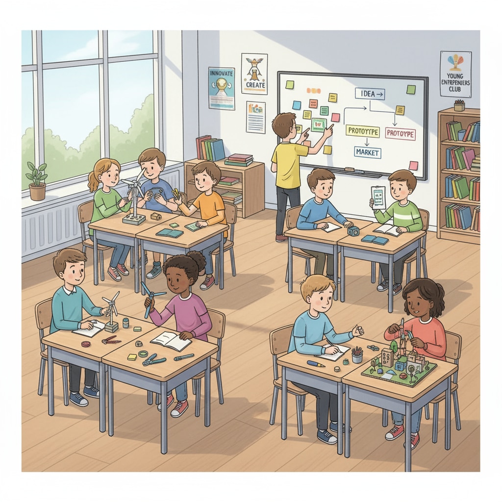 A classroom scene where students are engaged in hands-on entrepreneurial projects, with desks arranged in groups and students discussing ideas, looking at prototypes, and making plans. Students engaged in practical entrepreneurial learning in a K-12 classroom