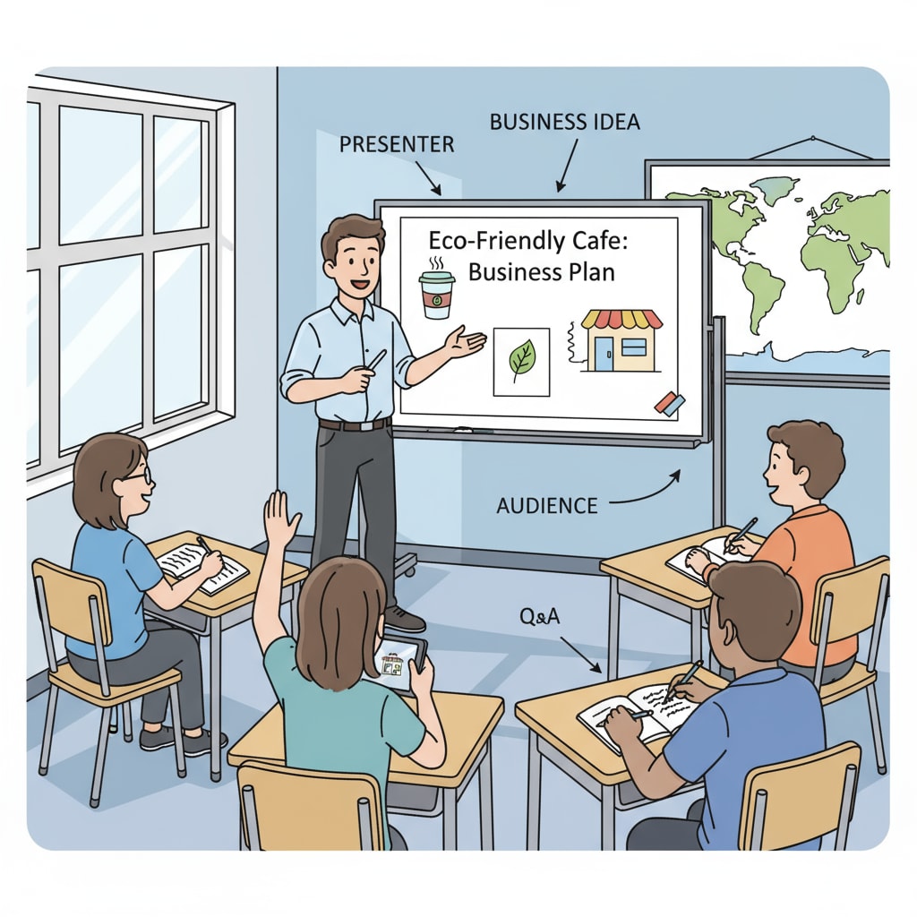 Students presenting their business ideas in a classroom, with one student at the front using a presentation board and others sitting attentively, taking notes and asking questions. K-12 students presenting their entrepreneurial business ideas in a classroom setting