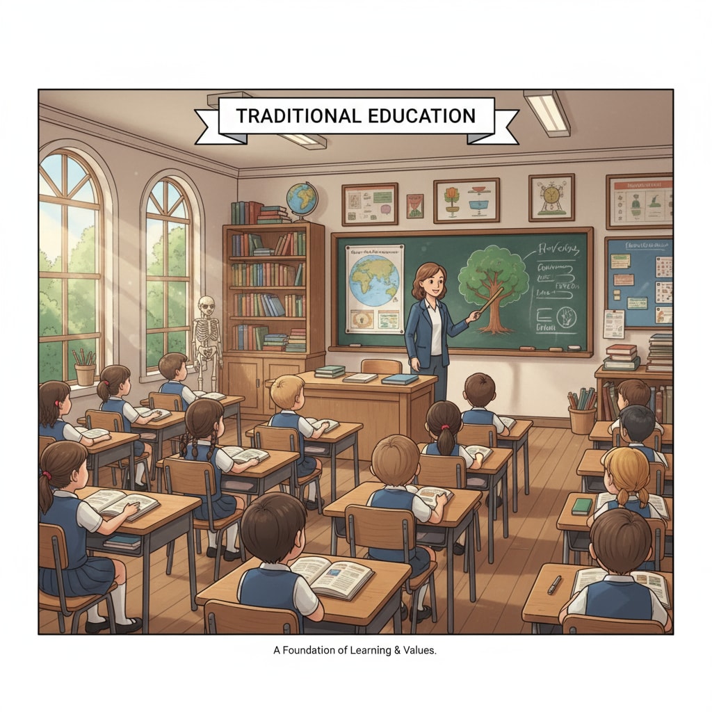 A classroom scene with students and a teacher, representing the traditional education setting that conservatives are concerned might be affected by school choice programs Classroom scene related to school choice, conservatives, and education policy
