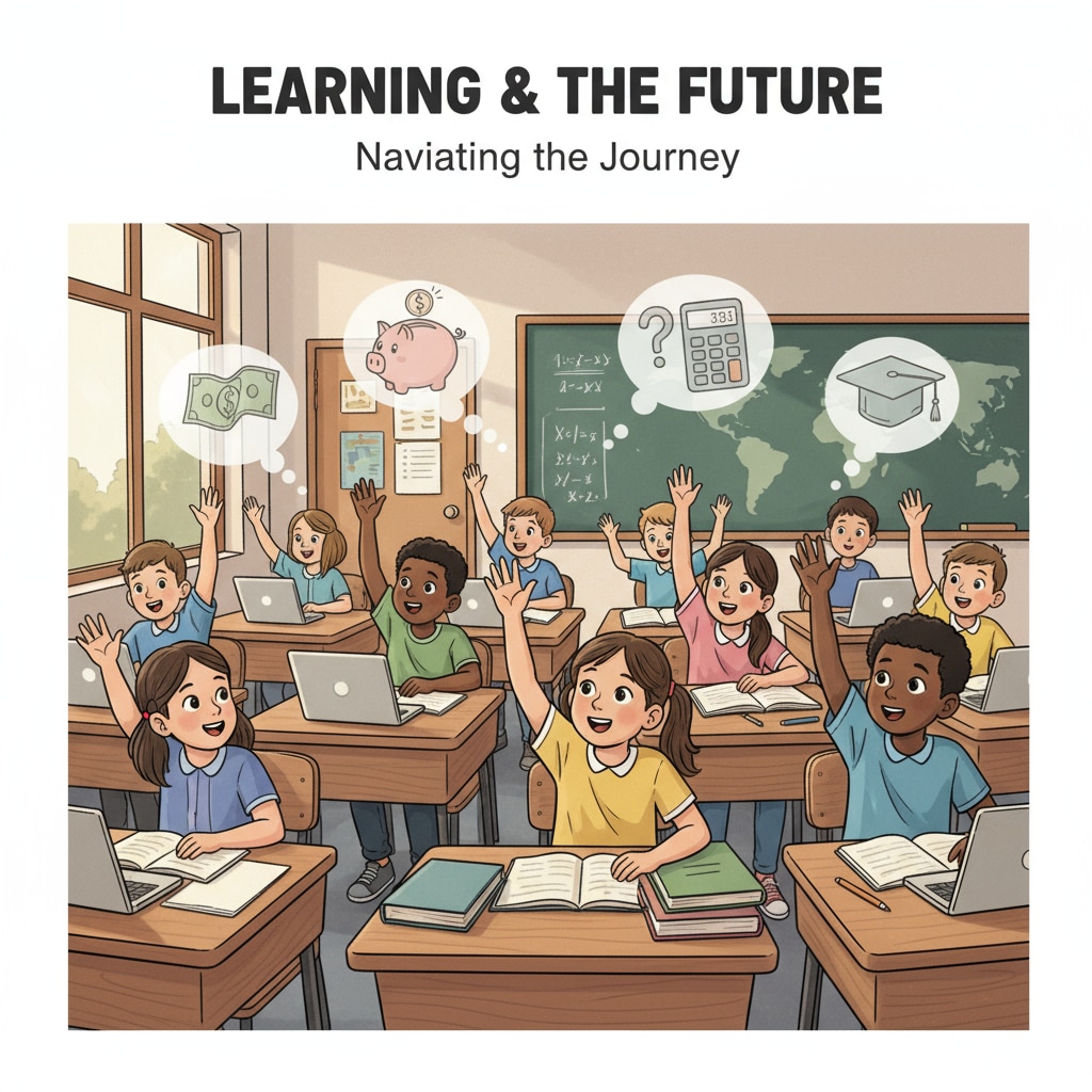 A group of K12 students sitting at desks, looking eager to learn, but with a hint of worry about financial burdens K12 students showing signs of financial stress while in class