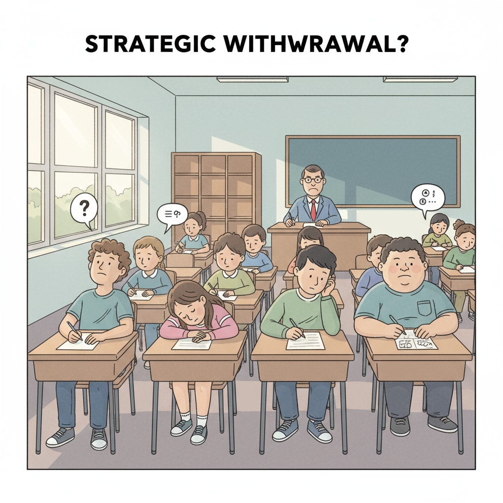 A group of students taking a test with some showing signs of strategic withdrawal, like a student looking away or not writing. Students showing signs of strategic withdrawal during a test, related to incomplete test data and outlier treatment.