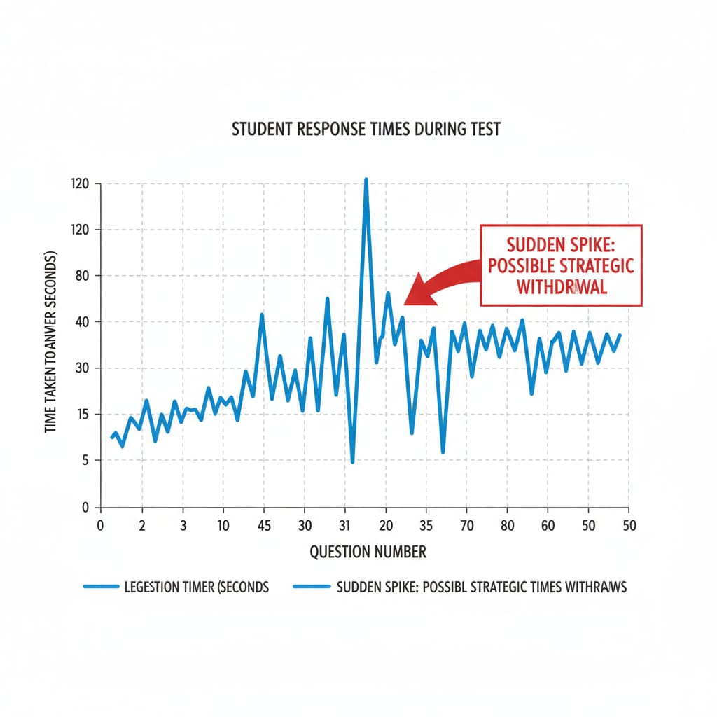 A graph showing a student's response times during a test with a sudden spike indicating possible strategic withdrawal. The x-axis represents the question number and the y-axis represents the time taken to answer. Graph of student response times indicating possible strategic withdrawal, relevant to handling incomplete test data.