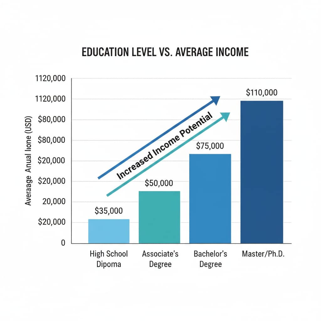 A graph presenting the correlation between different education levels and the average income of individuals. Graph showing the link between education requirements, career development in terms of income