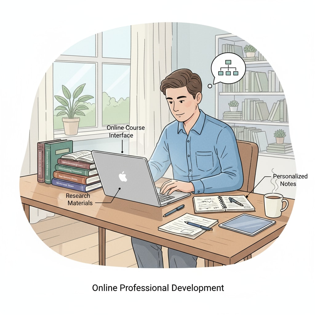 A person sitting at a table, studying on a laptop with books and notes arranged neatly beside, depicting a working professional engaged in online study. A working professional engaged in continuing education through online means