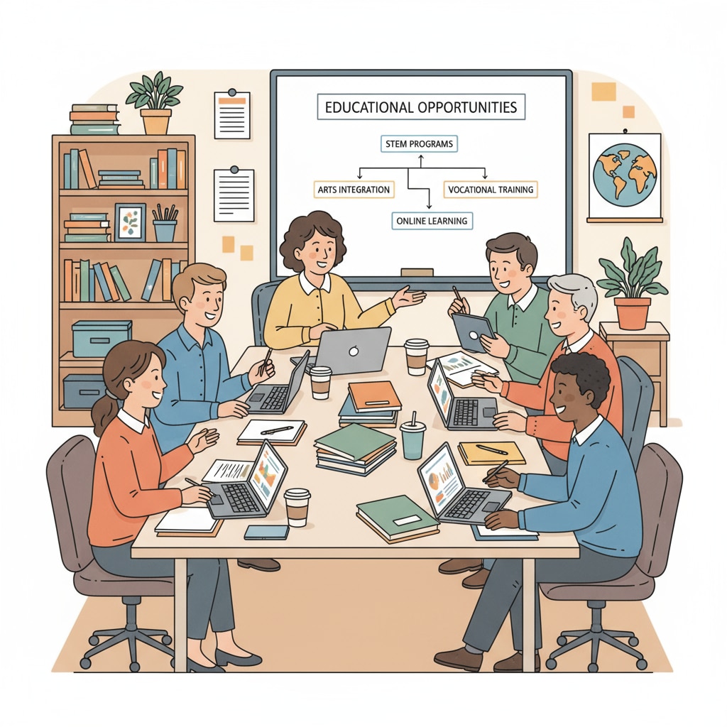 A group of K12 educators are sitting around a table, engaged in a discussion about different educational opportunities available to them, with papers and laptops in front of them. K12 educators discussing University of Phoenix free degree opportunities for career development