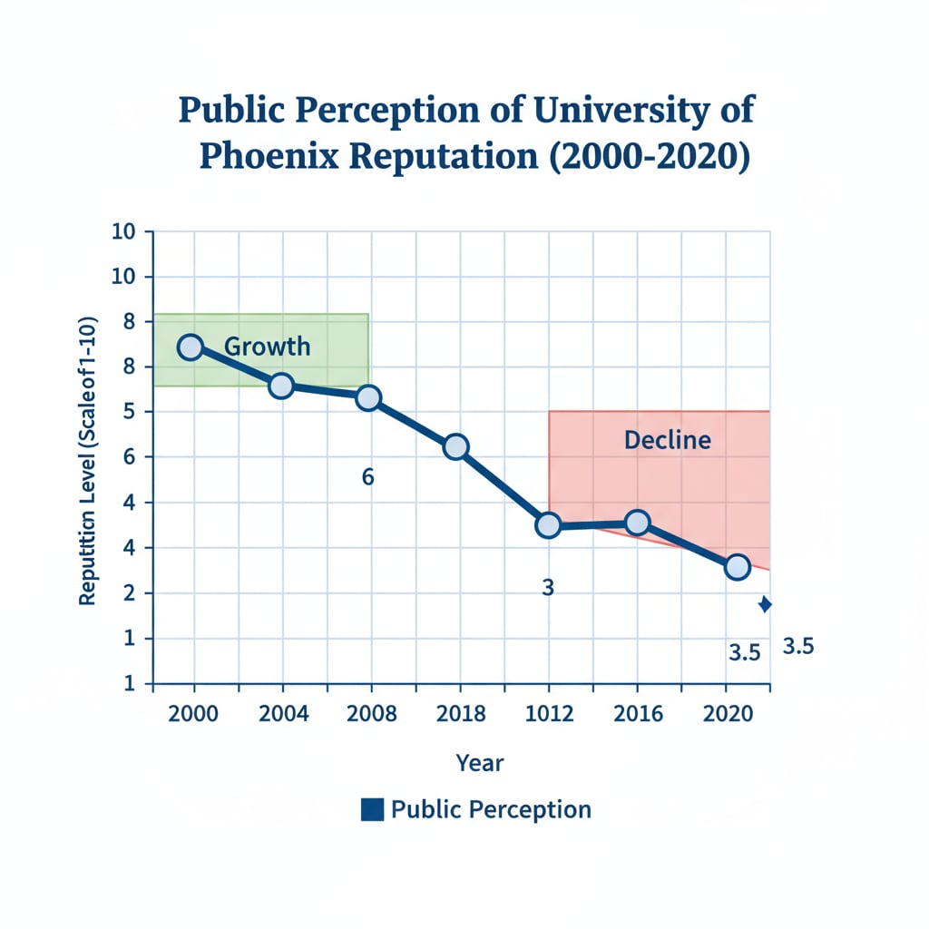 A line graph shows the ups and downs of the public perception of the University of Phoenix's reputation over a period of several years, with the y - axis representing the level of reputation and the x - axis representing time. Graph depicting the changing reputation of University of Phoenix relevant to free degree and career development