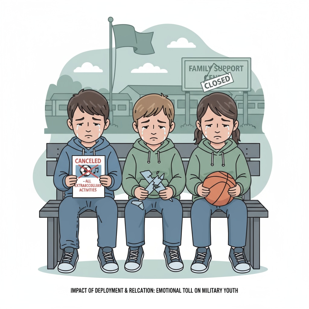 Military children sitting together, looking sad because of the cancellation of extracurricular activities Sad military children due to cancelled extracurricular activities during government shutdown