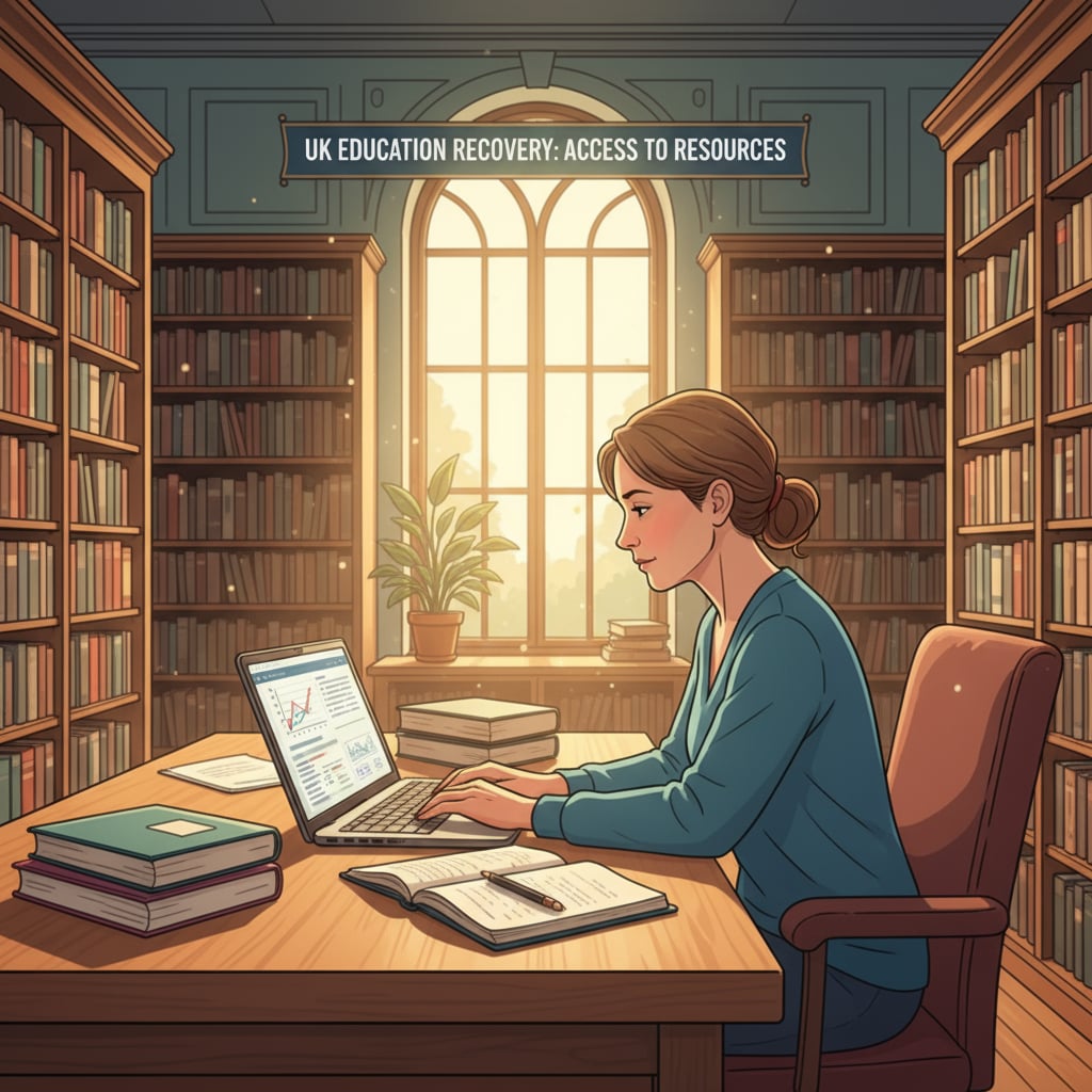 An adult student is studying in a library, surrounded by books and using a laptop, symbolizing the access to study resources in the UK education recovery process. An adult learner in a UK library accessing resources for education recovery