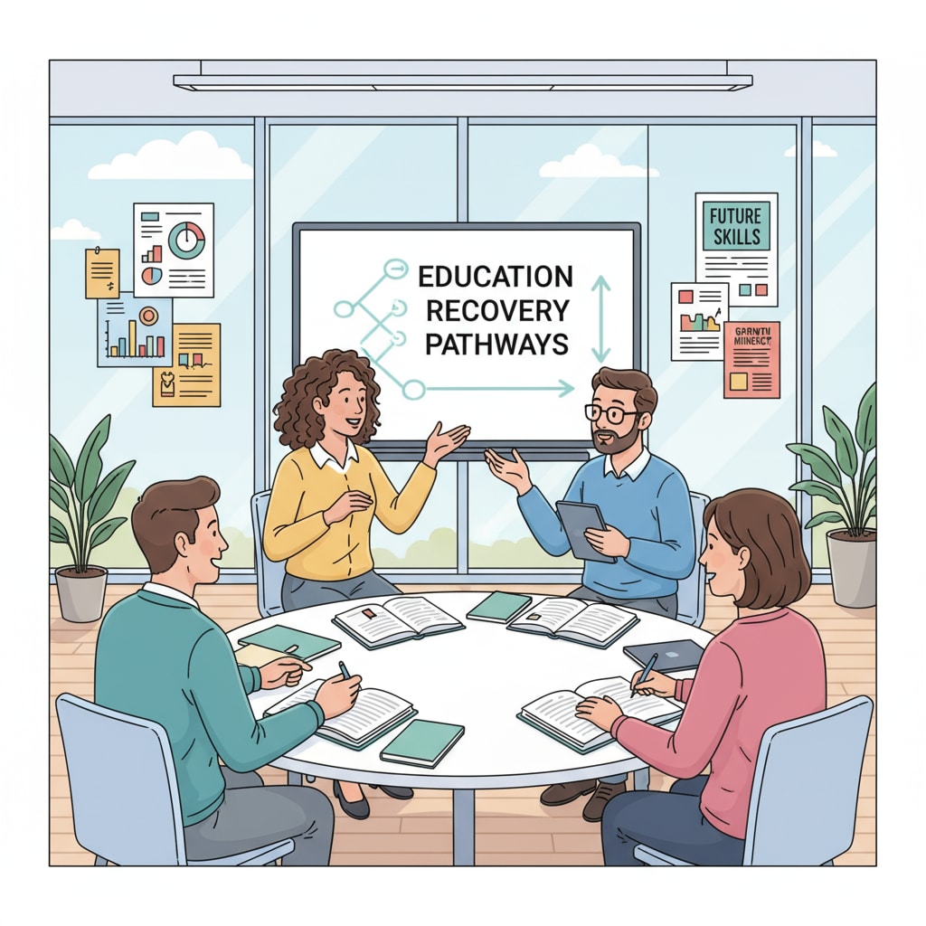 A group of adult students are engaged in a class discussion at a further education college in the UK, showing the learning environment for education recovery. Adult students in a further education college class in the UK for education recovery