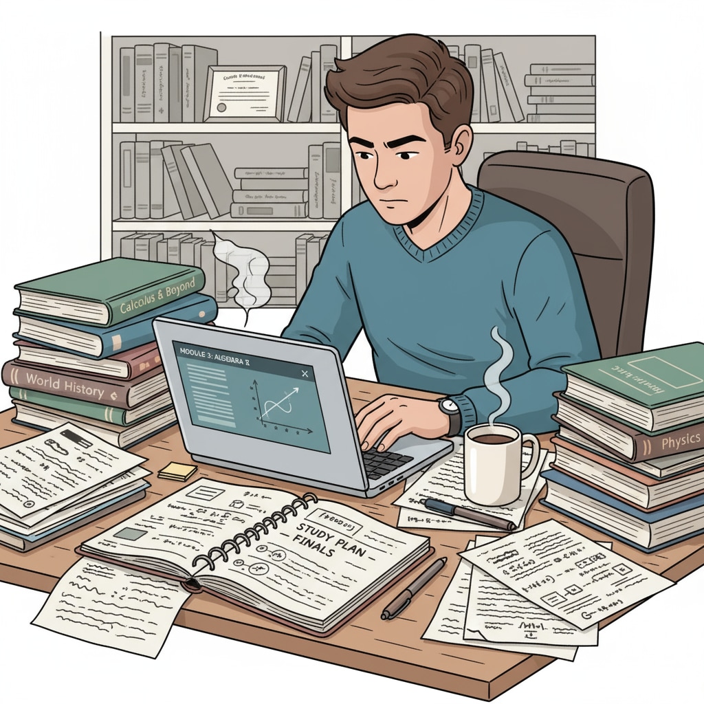 A person sitting at a table with a laptop, studying an online high school course. There are papers and books around, showing determination to learn. A low-income adult studying online high school to achieve GED