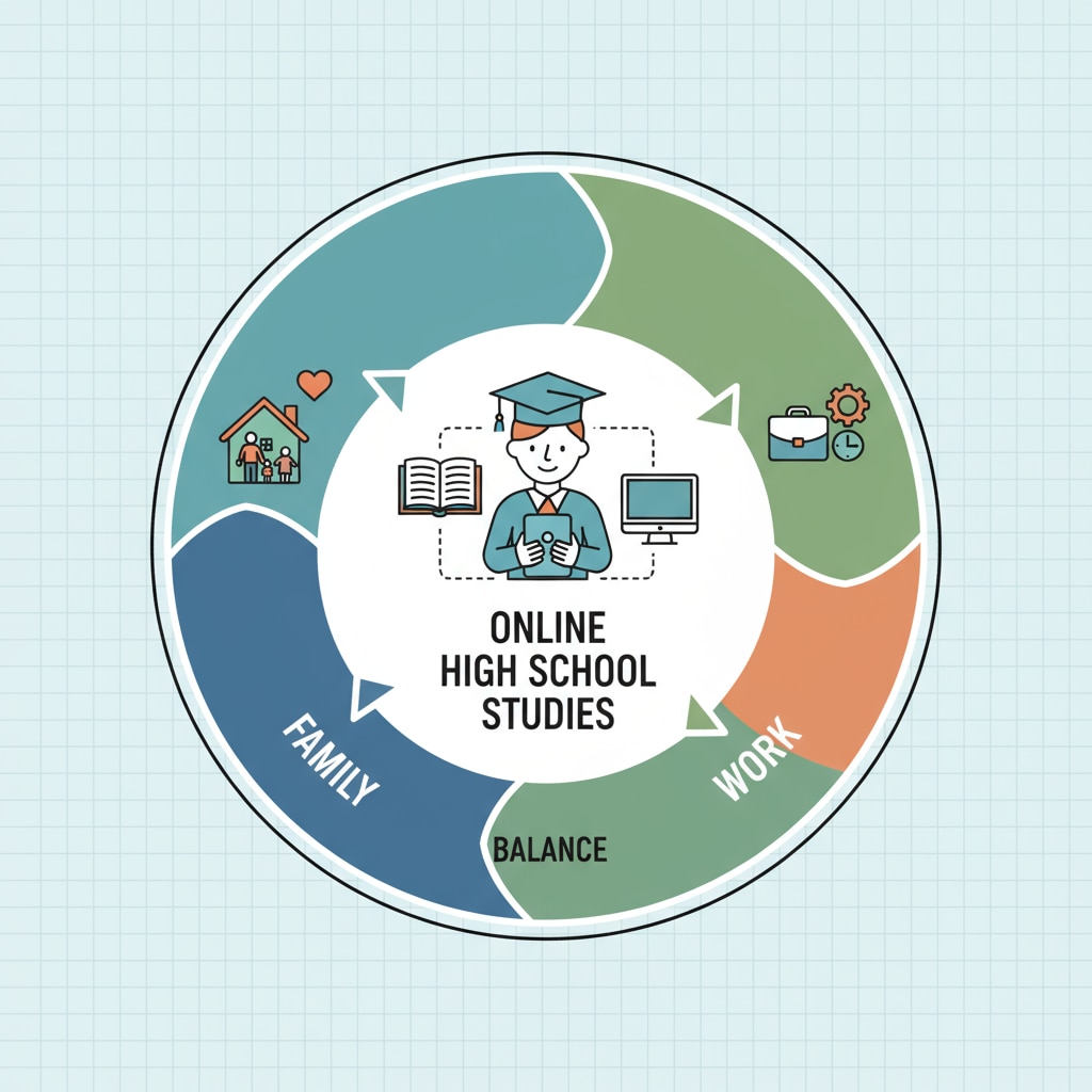 A graphic showing a balance between work, family, and online high school studies, with icons representing each aspect. Low-income adult balancing work, family, and online high school for GED