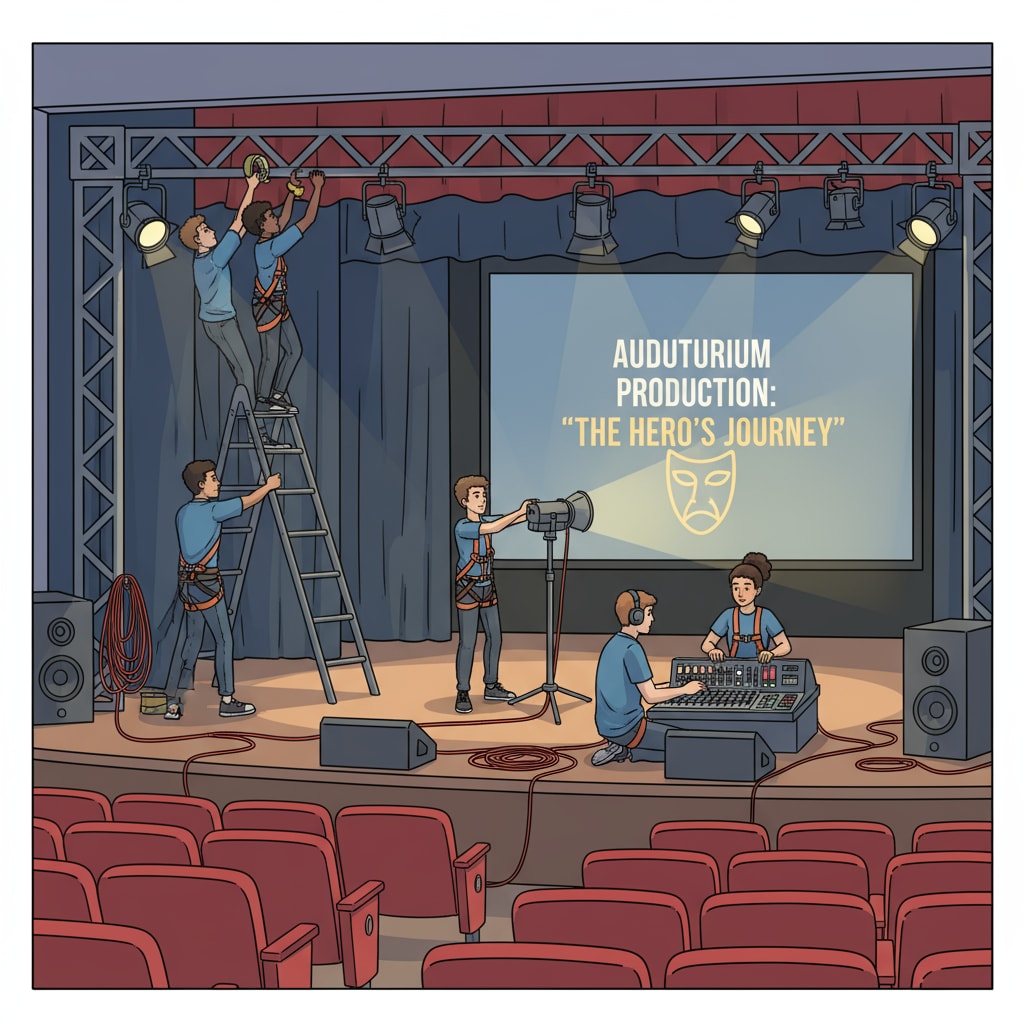 A group of technical team members are busy adjusting lighting and sound equipment in a school auditorium to prepare for a play. Technical team members working on lighting and sound for a school play related to art education