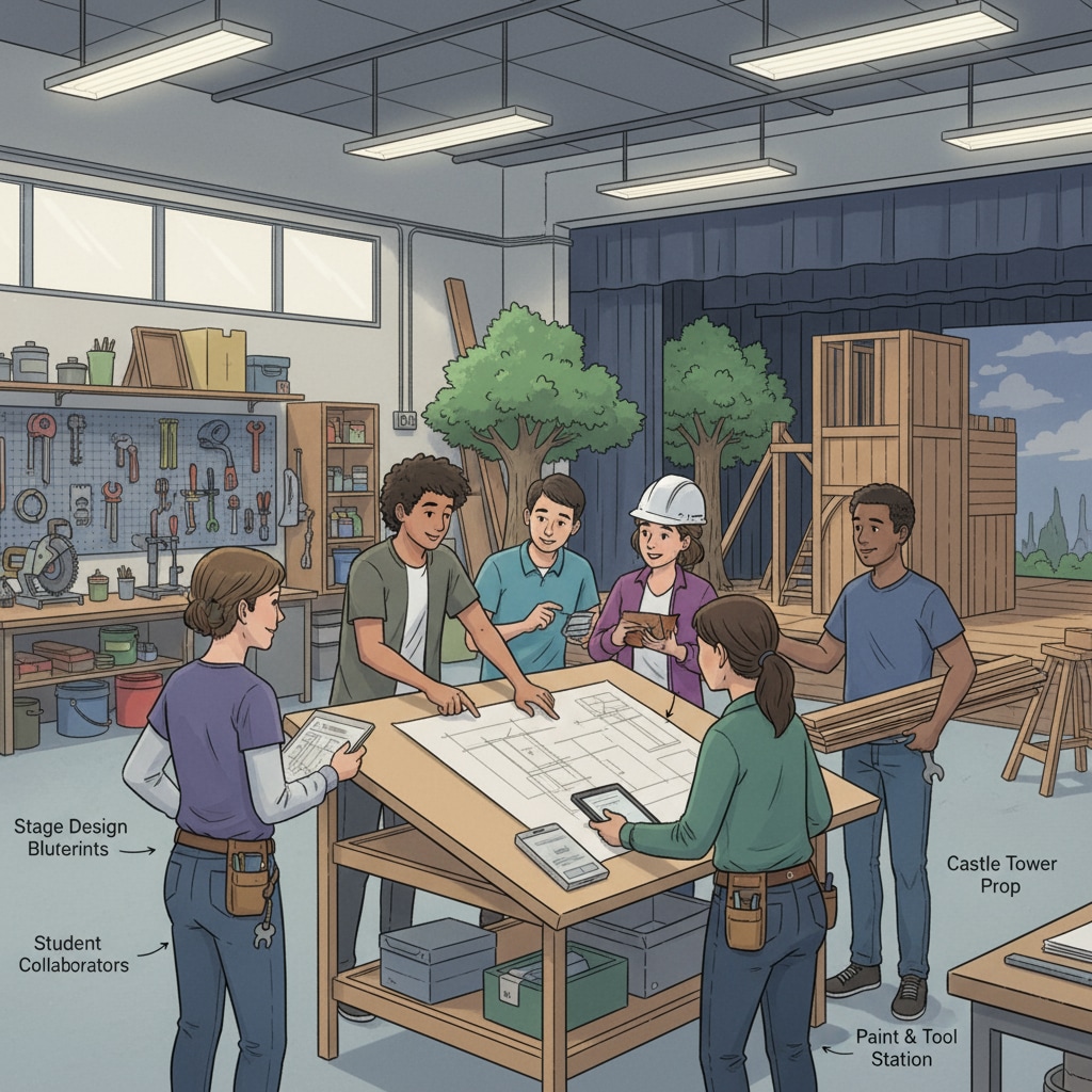 Students and technical team members are seen discussing and working together on the set design for a school musical. Students collaborating with technical team on set design for a school musical in the context of art education