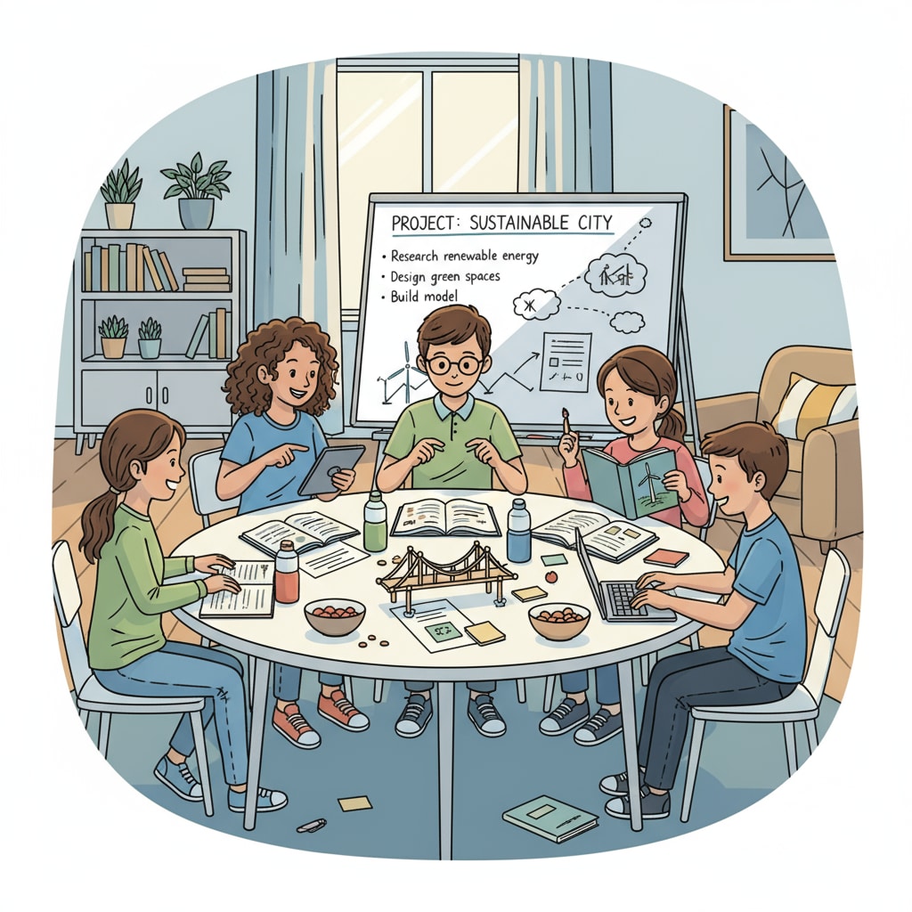 A group of students are collaborating on a project-based learning activity at home. They are discussing ideas, researching, and working together to complete the project, showing active engagement in an alternative to traditional homework. Students engaged in project-based learning as a homework alternative