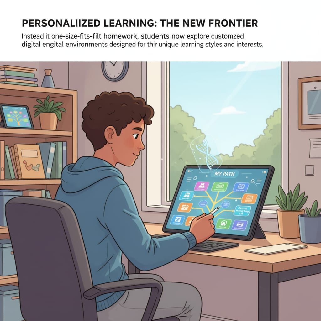 A student is sitting at a desk at home, using digital tools for personalized learning. The student is focused on the screen, exploring learning materials tailored to their needs, demonstrating an alternative to traditional homework. Student using digital tools for personalized learning as a homework alternative