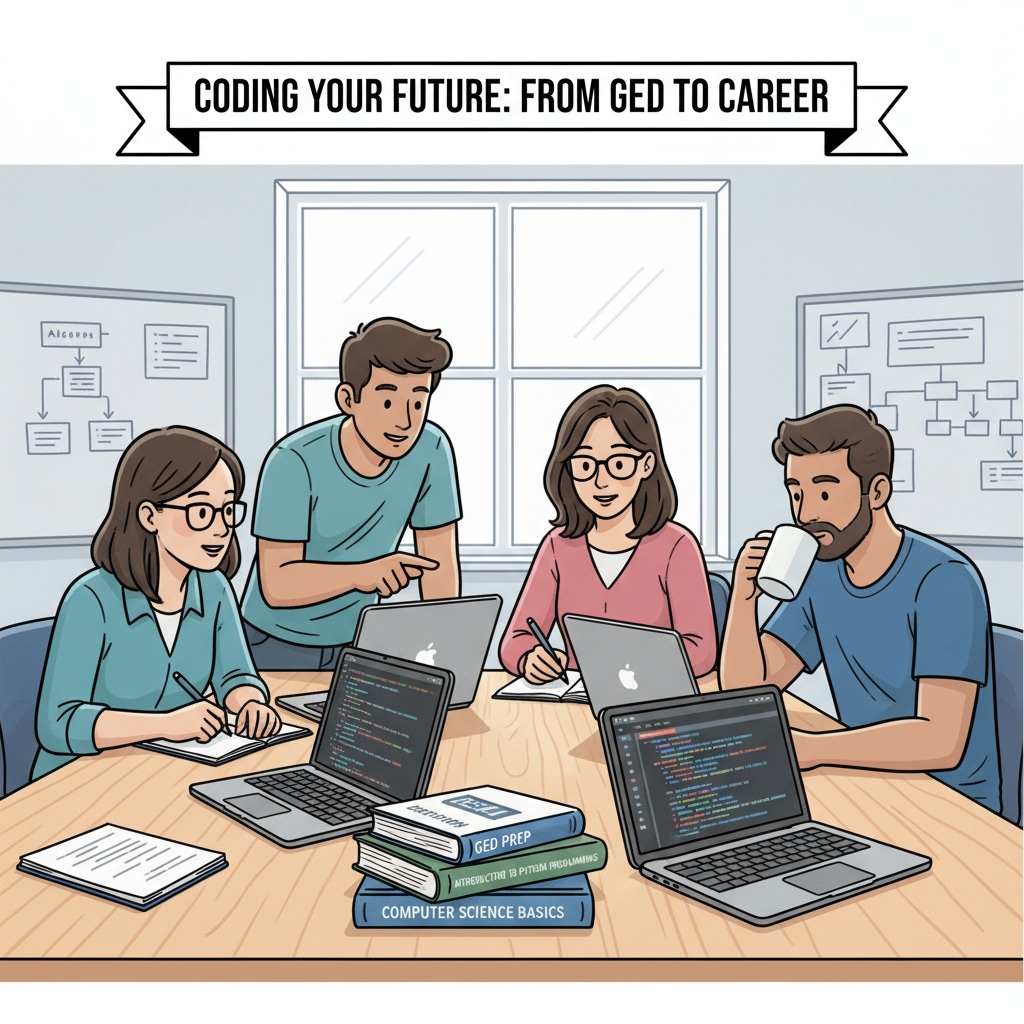 A group of students are sitting around a table, studying computer programming. There are GED study books placed nearby, showing the connection between GED and computer learning. Students with GED study materials preparing for a computer career