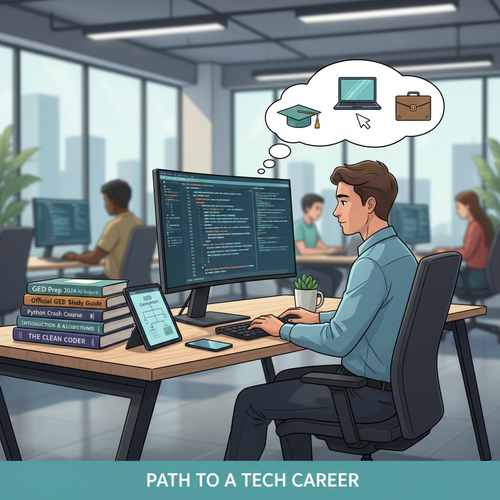 A person is sitting in front of a computer in a modern office. There are coding books and GED study materials visible on the desk, indicating the path from GED to a computer job. Person in an office with GED and computer-related materials starting a computer career