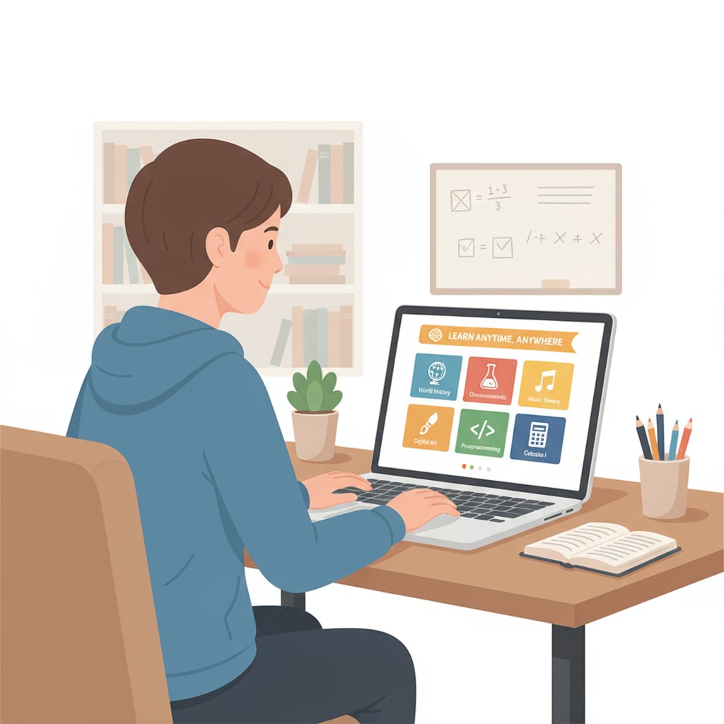 A person is sitting at a desk, using a laptop to access an online learning platform. The screen shows various educational courses. A person engaged in online education for educational compensation and career assurance
