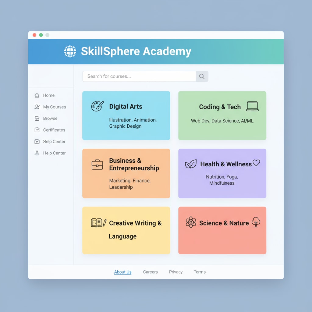 A screenshot of a popular online learning platform homepage, displaying different categories of courses and learning resources. Online learning platform offering courses for educational compensation and career development